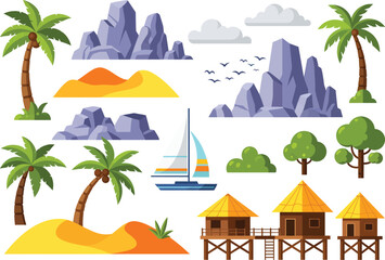 Obraz premium Tropical island scenery with palm trees, mountains, and huts