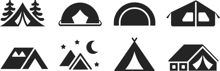 Camping tent icons set, outdoor adventure shelter symbols, minimalist campsite graphics, travel hiking nature pictograms isolated on white background © Sarjina's World
