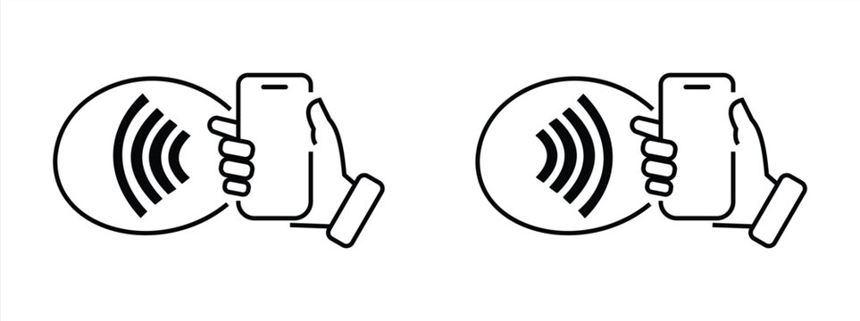 NFC technology. Hand holding Phone. Contactless wireless pay sign logo. Near Field Communication nfc payment concept. Contact less. NFC payment with mobile phone. Credit card