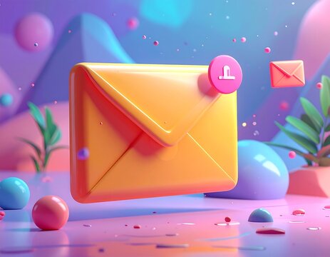 Cartoon-style render of a large yellow email envelope with a notification