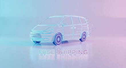 Futuristic Glowing Neon Minivan for Free Shipping Promotion with Pastel Backdrop