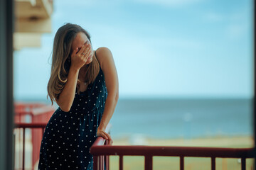 Woman Feeling Dizzy Having Hot Flashes from Hormonal Conditions. Person suffers from a bad nausea...