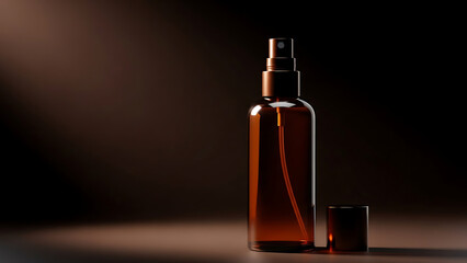 Naklejka premium A brown glass spray bottle with a dark background and soft lighting
