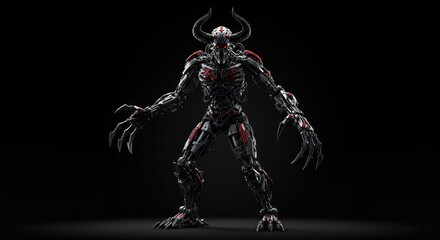Cybernetic nightmare: a menacing robotic figure with horned demon features on dark stage