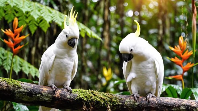 Two white parrots perched on a branch in a vibrant tropical setting.