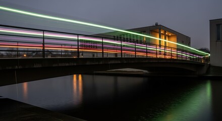 Ephemeral passages: Long exposure capturing light trails on a bridge over tranquil waters