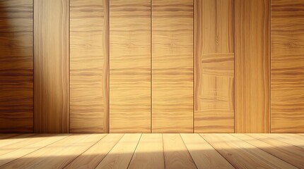 A modern room with wooden walls and floor illuminated by natural light