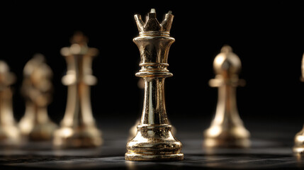 A gold chess king with other chess pieces on the board, representing strategy and intellect