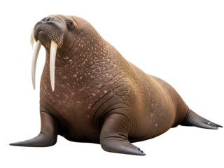 Large Brown Walrus Isolated on White Background with Long Tusks and Whiskers showing Wrinkled Skin Texture for Arctic Wildlife and Marine Mammal Concepts

