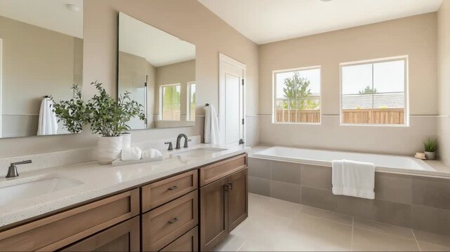 Bright bathroom interior in american suburban single family home, clean modern design with bathtub and vanity, residential real estate video