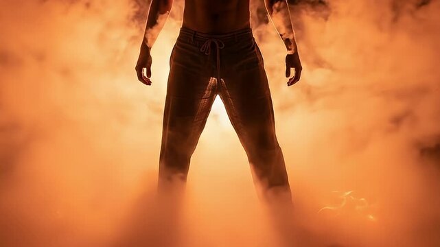 Dynamic Silhouette of a Person with Fiery Background for Action and Power Themes.