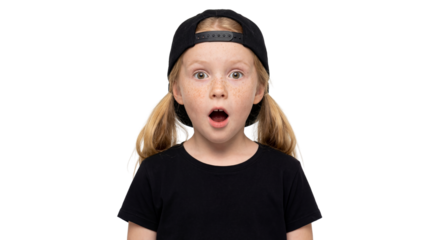 Blonde girl with pigtails and freckles wearing backward black cap