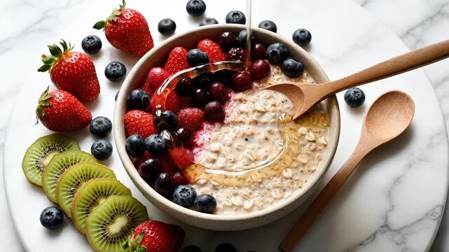Healthy Oatmeal Bowl with Fresh Berries and Honey Drizzle.