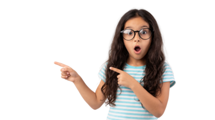 Young girl in glasses and striped shirt pointing fingers