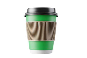 Green paper cup with black lid and cardboard holder for coffee