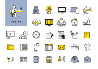 社内作業や日常オフィスシーンを表現した業務用アイコン素材セット
