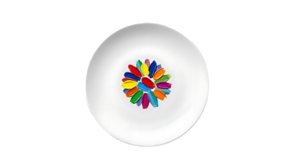 A white plate with a colorful flower design on transparent background