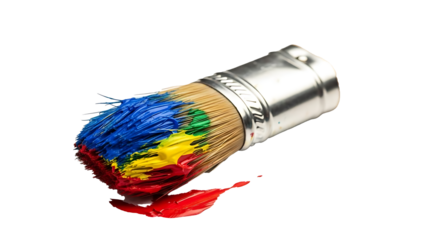 A paintbrush with colorful paint on a transparent background
