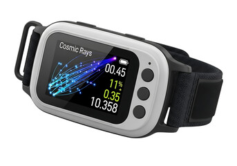 Smart watch displaying cosmic rays data isolated on transparent background