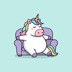 Fototapeta premium Cute Fat Unicorn Relaxing on a Sofa.