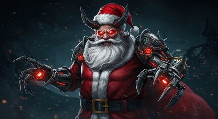 Cybernetic Claus a menacing fusion of festive spirit and advanced robotics with glowing eyes