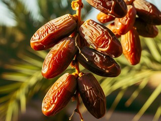 Sunlit ripe dates cluster on palm. Generative AI. 