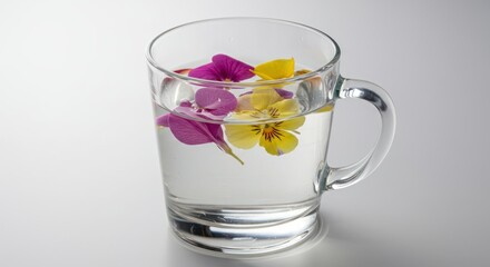 Delicate floral infusion inside transparent glass cup on serene backdrop for relaxation