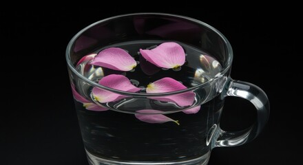 Delicate tranquility: Pink rose petals gently floating in clear glass of water against a dark