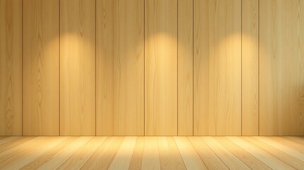 A modern room with wooden walls and floor illuminated by natural light