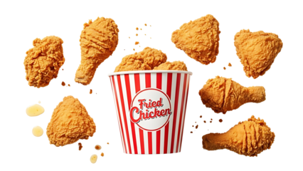A bucket of crispy fried chicken on transparent background