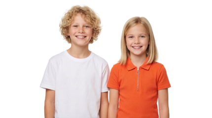 Smiling Blonde Boy with Curly Hair and Girl in Orange Polo