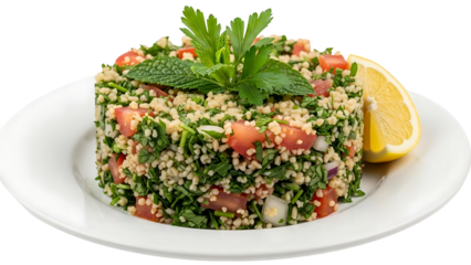 A delicious plate of tabbouleh salad on transparent background