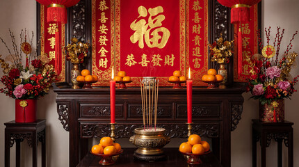 Traditional Chinese New Year altar decorated with red and gold ornaments, incense sticks, red candles, mandarin orange offerings, and Chinese calligraphy symbolizing fortune, prosperity, and blessings