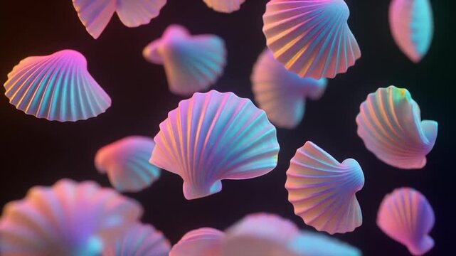 Floating, luminescent shells with iridescent colors against a dark background