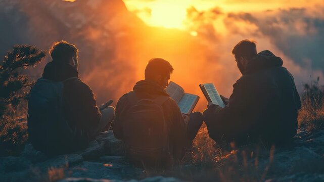 Engaging Christian friends in Bible study as they gather at sunset in a serene mountainous landscape surrounded by nature