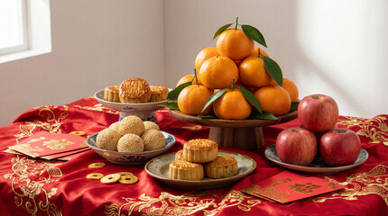 Traditional Chinese New Year offering table with oranges, apples, mooncakes, sesame balls, red envelopes, and gold coins on red fabric. Symbolic festive still life representing prosperity, luck, abund