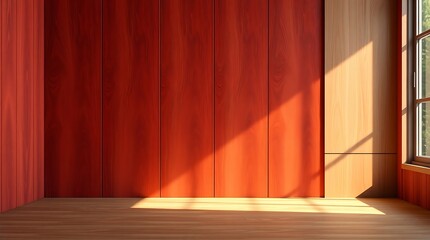 A modern room with wooden walls and floor illuminated by natural light