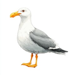 Obraz premium Detailed Watercolor Painting of a Seagull with White and Gray Feathers and Yellow Beak Standing