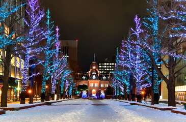 Night view of Hokkaido Government office illumination light up with snow in winter at Sapporo, Hokkaido, Japan.