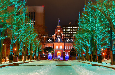 Night view of Hokkaido Government office illumination light up with snow in winter at Sapporo, Hokkaido, Japan.