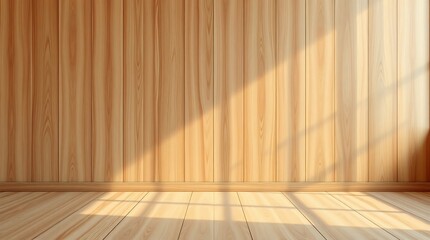 A modern room with wooden walls and floor illuminated by natural light