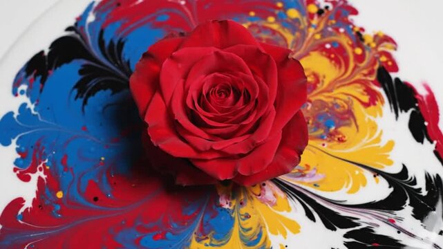 Red rose centerpiece with abstract paint swirl design in vibrant color palette on white background