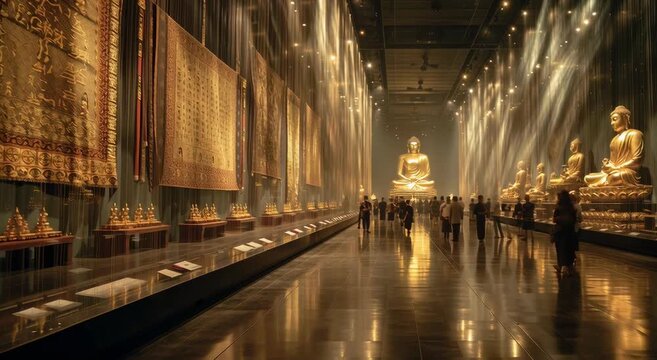 Buddhist scriptures were projected onto the gauze curtain.