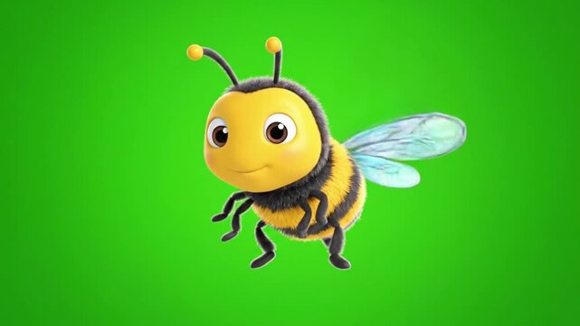 An adorable yellow and black cartoon bee with transparent wings happily hovers on a vibrant, plain green screen background, looking cute.