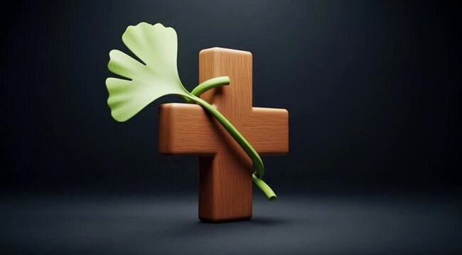 Brown wooden cross with ginkgo biloba leaf on dark background.
