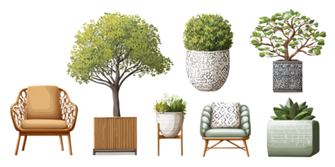 Selection of Wicker Furniture Items and Decorative Plants on Plain Backdrop