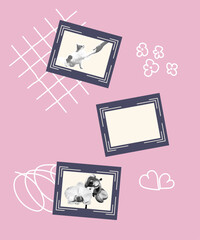 Scrapbook template with photo frames and doodle drawings. A trendy halftone collage.