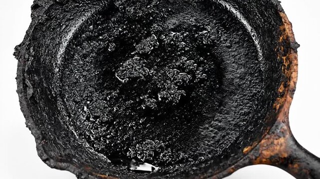 Close-up of a well-used, blackened cooking pan showing burnt residue and discoloration