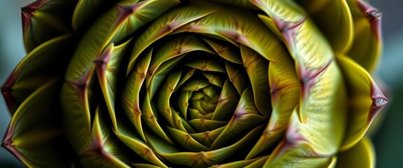 Obraz premium Close-up of artichoke showing spiraling Fibonacci sequence in its bracts, closeup, leaves