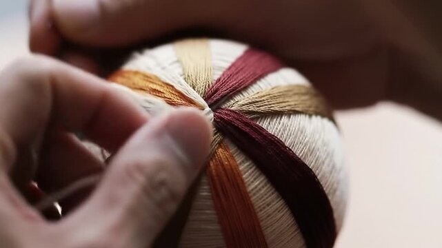 Crafting a Colorful Temari Ball - A Close-Up of Traditional Japanese Embroidery.
